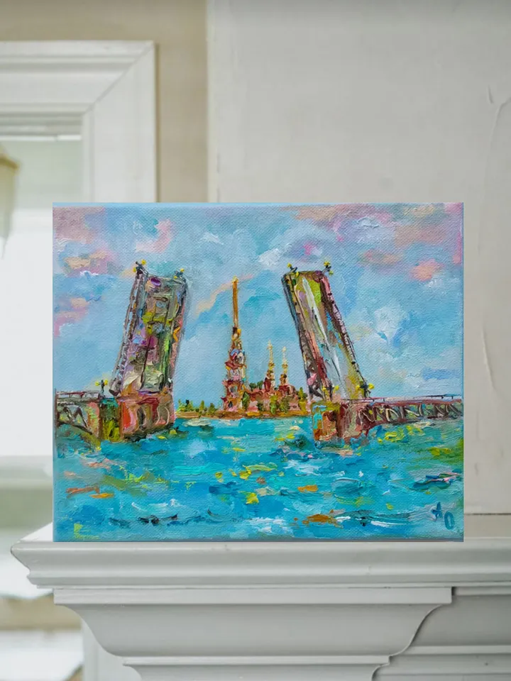 "St. Petersburg. Drawbridge" oil painting on canvas 24x18cm (9.6x7.2inch)