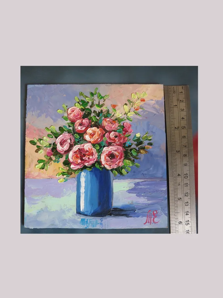 Original Oil Painting Colorful Bouquet of Flowers in Vase Home Decor