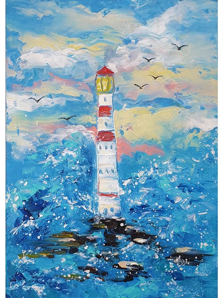 Lighthouse Painting Seascape Original Art Beach Wall Art Small Oil Painting
