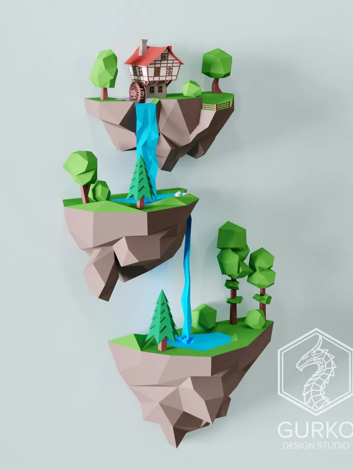 Papercraft Flying Island. Waterfall, Digital Template, PDF Download, Gurko, 3D Low Poly, Pepakura, DIY Origami Sculpture, Paper Decor, Gift