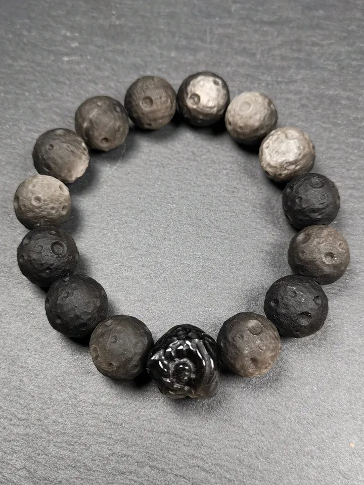 Gandhanra Old Tibetan Obsidian Wrist Mala, 0.6" Gradient Moon Ball Prayer Beads Bracelet,8 inches Circumference