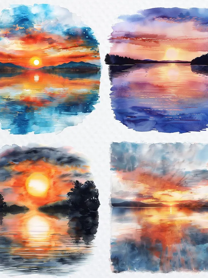 20 Sunset over Lake PNG Clipart Bundle, Lake Sunset clipart, Printable Watercolor Sublimation clipart, Digital download, Paper craft