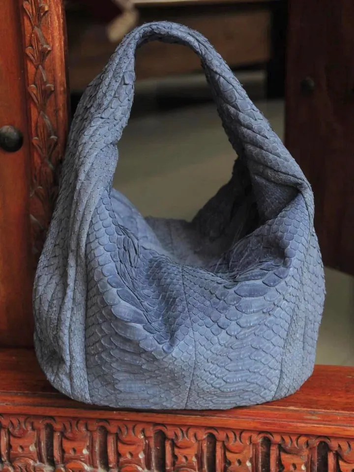 Medium Soft Hobo Classy Sport Woman Stitched Bag | Purse Genuine Python Skin | Dewi Gray Big Elegant Leather Designer Soft Bag Snake |