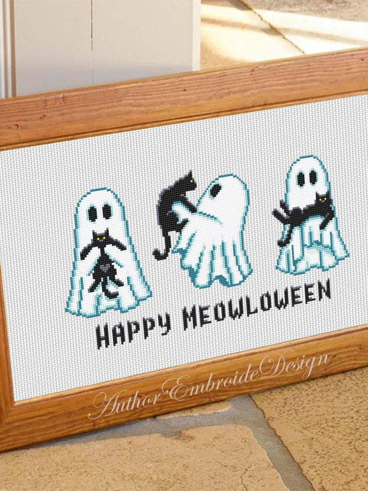Ghost with black cat cross stitch pattern PDF download Happy Meowloween, Cute ghost cross stitch chart, Halloween pattern digital PDF #H90