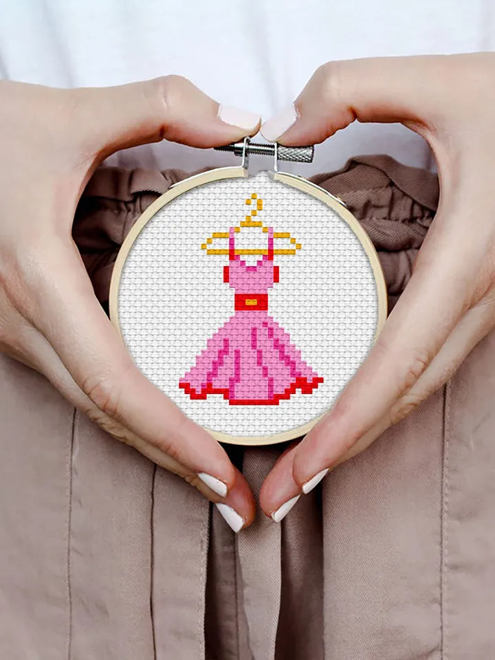 Pink dress small cross stitch pattern PDF Mini cross stitch chart, Minimalistic funny cross stitch Instant download PDF, Beginner stitch #O6