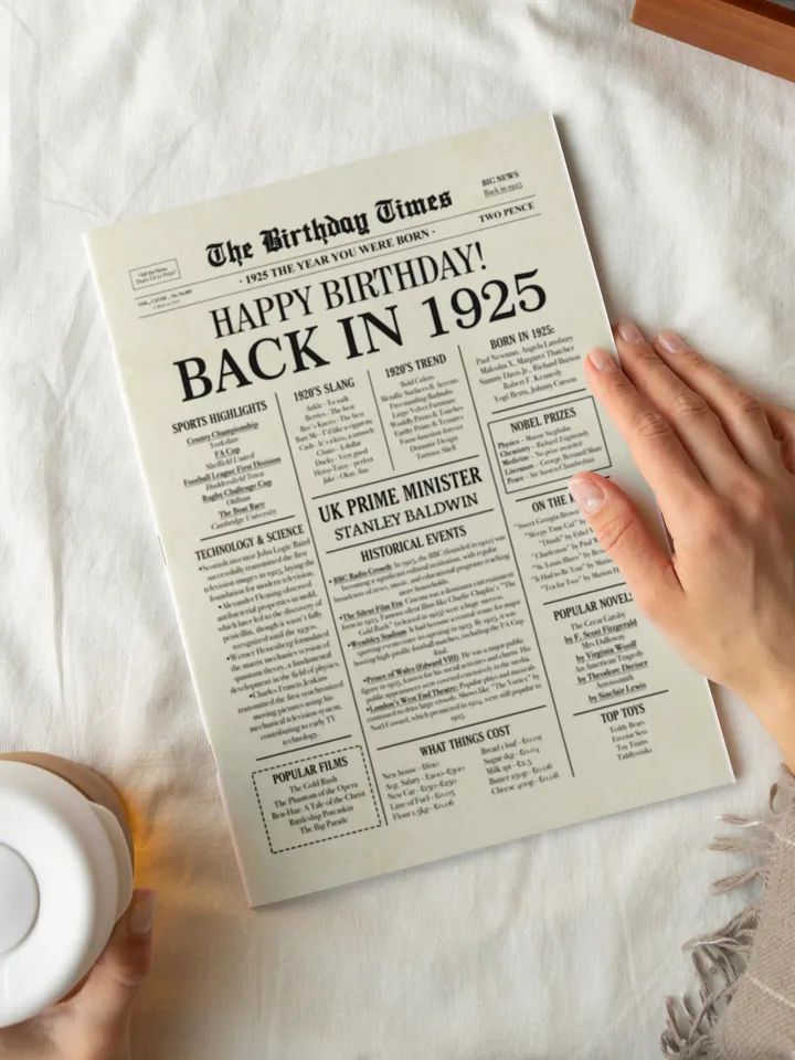 100th Birthday Newspaper Poster, Born in 1925, Vintage 1925 Birthday Sign, UK Facts, 100 Years Ago Printable for Grandma