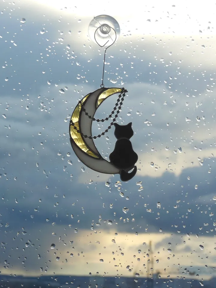 Black Cat On Moon with Chains . Art stained glass hanging Suncatcher . Gift for animal lover , pet loss memorial . White , yellow , black