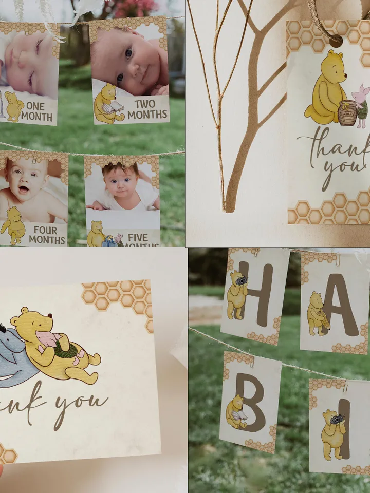 DIY Winnie Pooh Birthday Bundle; Editable 1st Birthday Party Template; Winnie the Pooh Birthday Party; Pooh Birthday Party Decoration; hc12