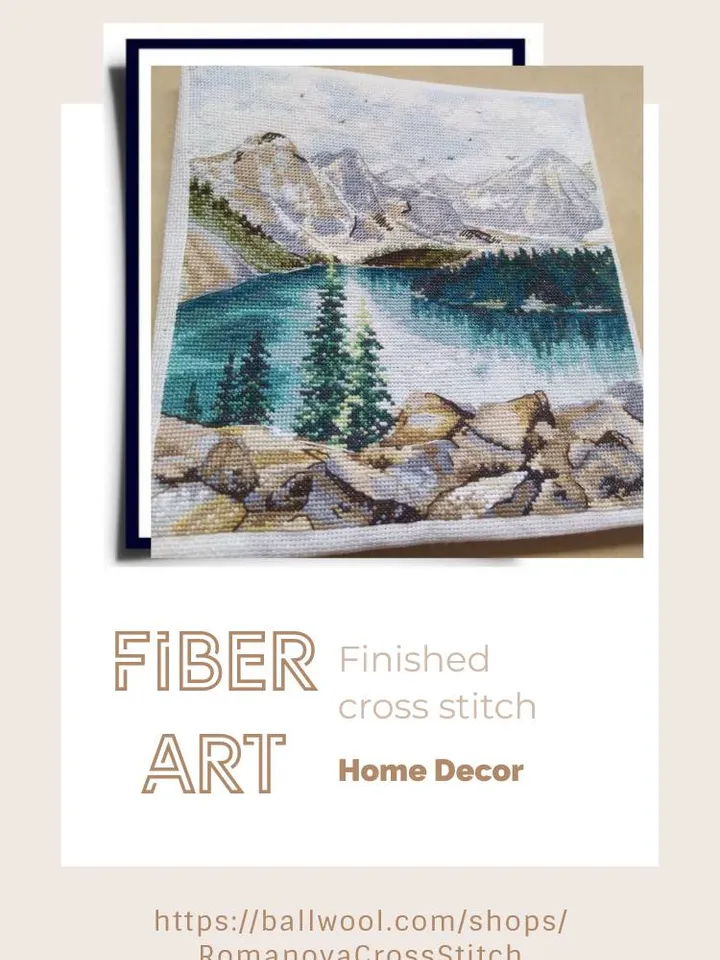 Handmade Moraine Lake painting, Canadian landscape wall art, for home decor, finished cross stitch