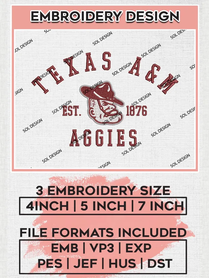 Texas A&M Aggies Est 1876 Embroidery Designs, NCAA Texas AM Aggies Team Embroidery, NCAA Team Logo, 3 sizes, Machine embroidery Files, Digital Download