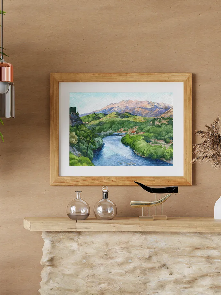 River in the mountains Watercolor painting for printing Digital file Large poster