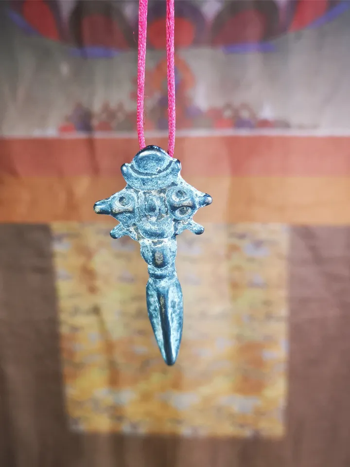 Gandhanra Antique Tibetan Amulet Necklace,Cross Vajra Phurba,Kila(Dorje Phurba) ,Made of Thokcha,70 Years Old,2.36"