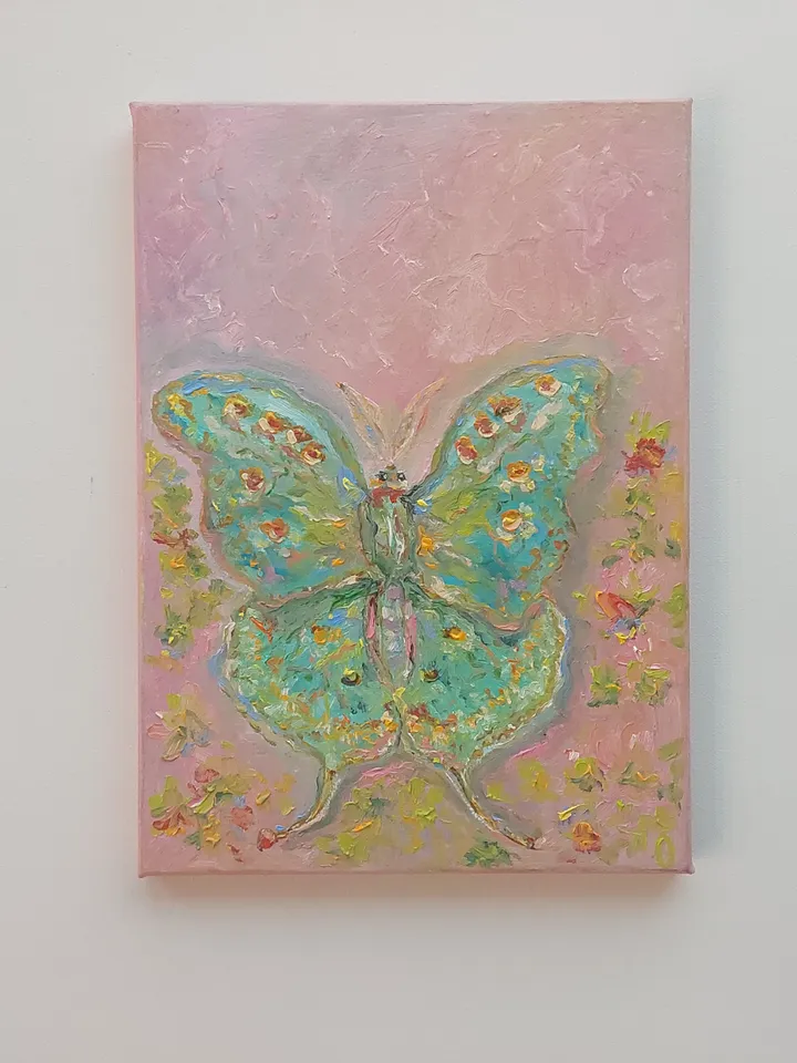 Oil painting on canvas "Silk butterfly" 25x35cm (10x14 inches) in shabby chic style
