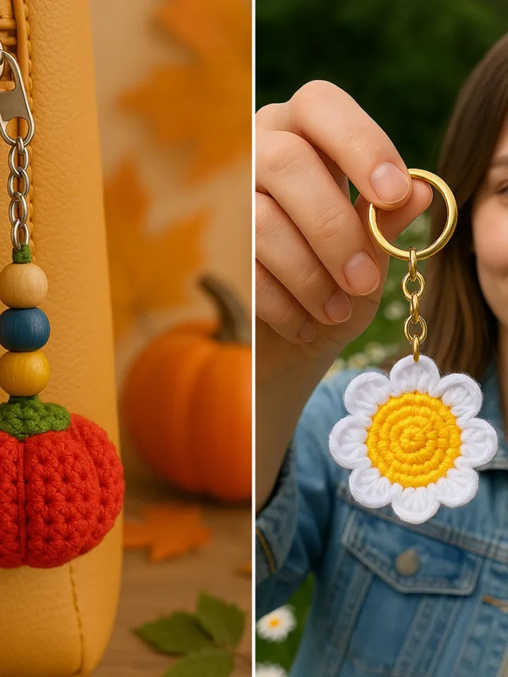 Crochet Charm Set PDF Bundle – 5 Cute Amigurumi Patterns: Pumpkin, Flower, Bear, Bag & Clover DIY Designs