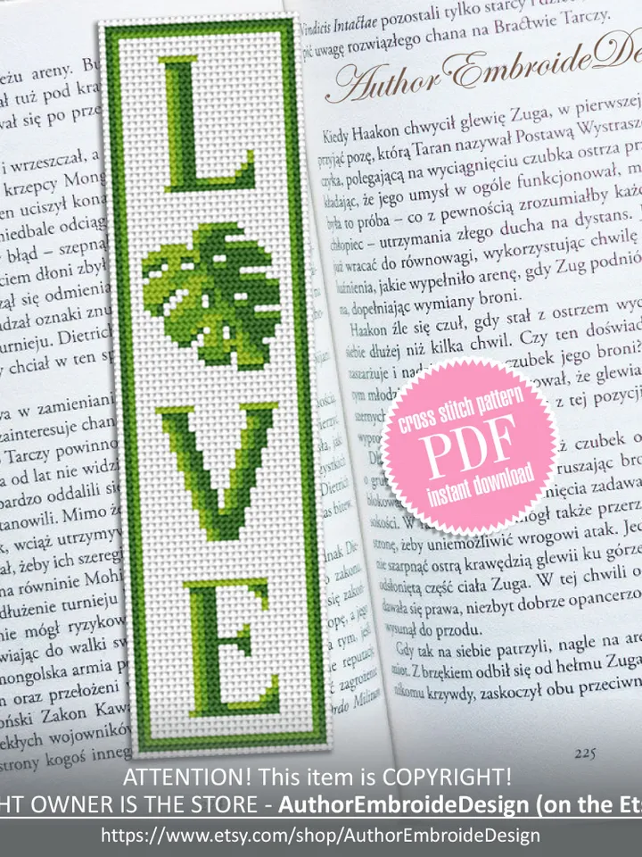 Green bookmark cross stitch pattern PDF download Monstera leaf cross stitch chart, Floral bookmark pattern digital PDF, The word Love #B355
