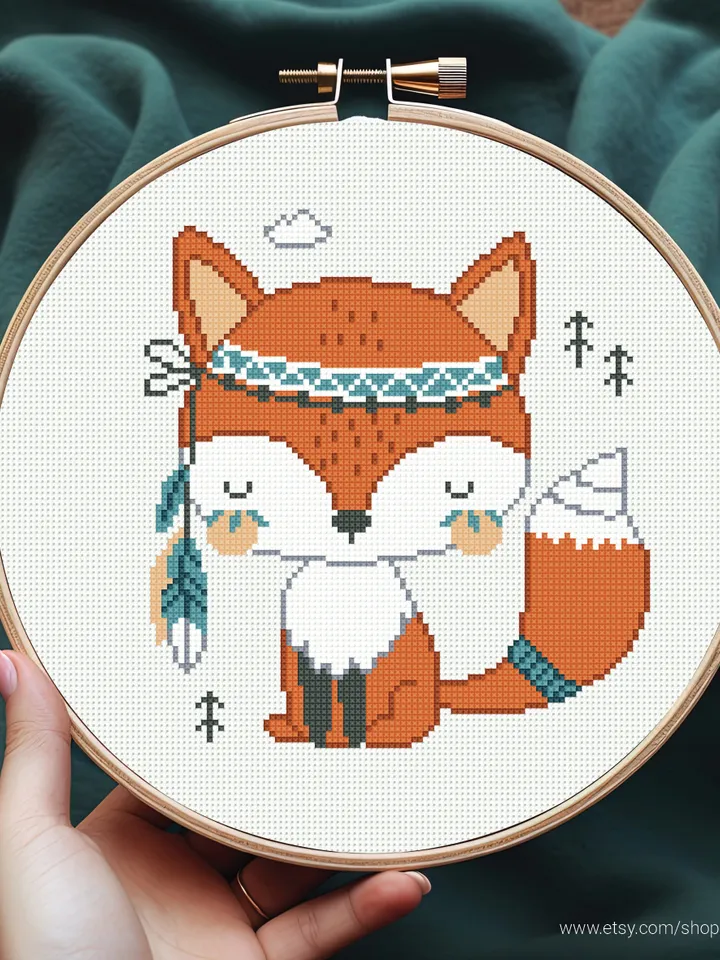 Fox Boho Style aesthetic mini cross stitch pattern, baby, animal, boy girl nursery decor, counted, chart, gift DIY, embroidery, instant PDF
