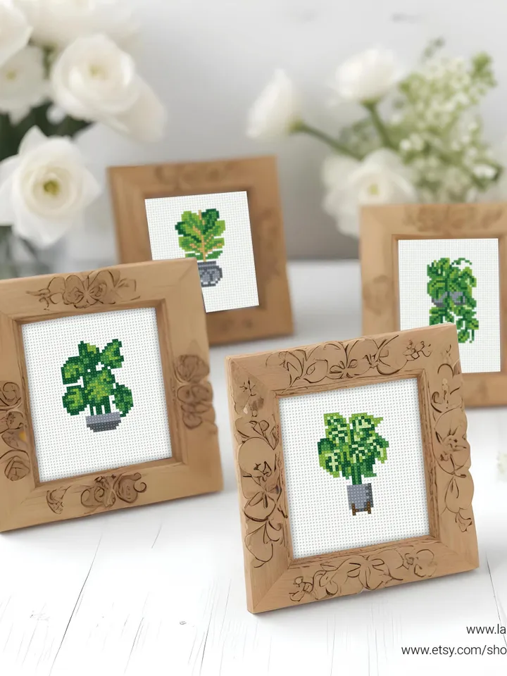 Bundle mini house plants 6 Cross stitch patterns, contemporary, Abstract, Floral, beginner, modern chart, gift DIY, embroidery, instant PDF
