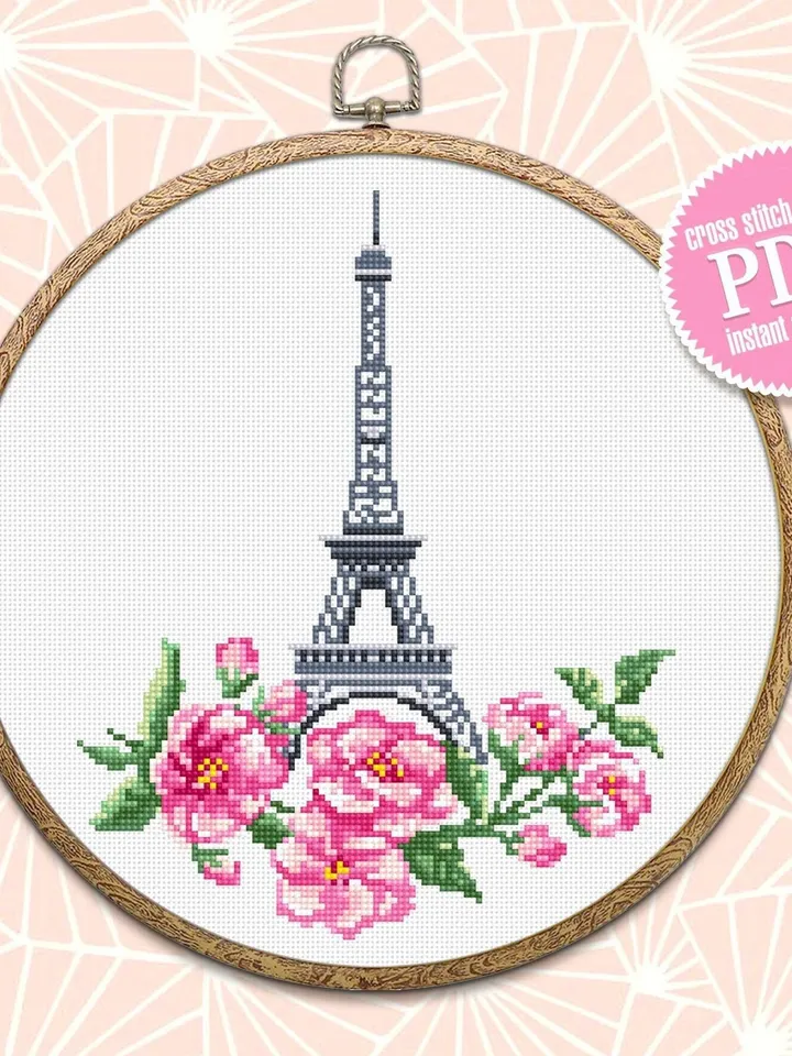 Eiffel Tower cross stitch pattern PDF download Sakura flowers cross stitch Spring beginner stitch Modern France embroidery Paris decor #E3