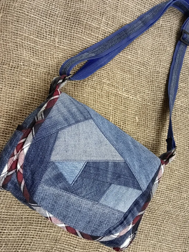 Shoulder denim handbag . Handmade bag, recycled jeans bag, crossbody bag with a crazy pechwork flap