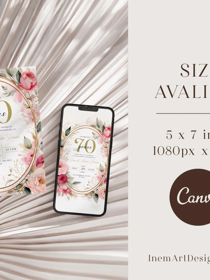 70th Anniversary Party Invitation, 60th, 50th, 40th, 30th, Blush Pink Canva Template 5x7 birthday invitation & evite digital invitation