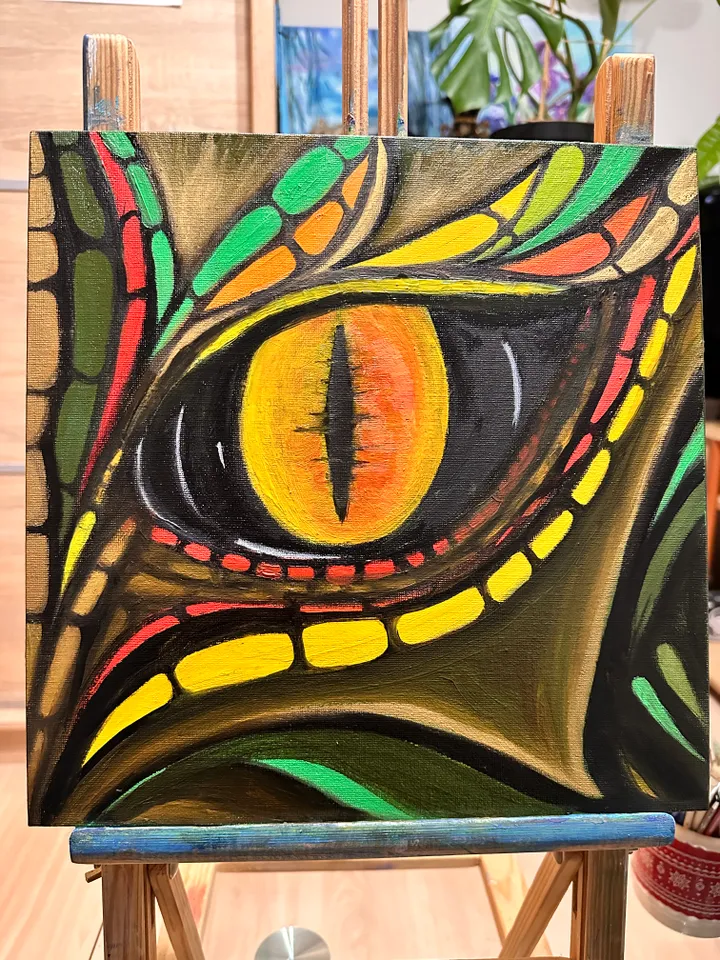 Oil Painting Dragon Eye Dragon Chinese Horoscope Astrology Sign of the Year Canvas on Cardboard 12x12 inches 30x30 cm Animals Portrait Gift for the Occasion