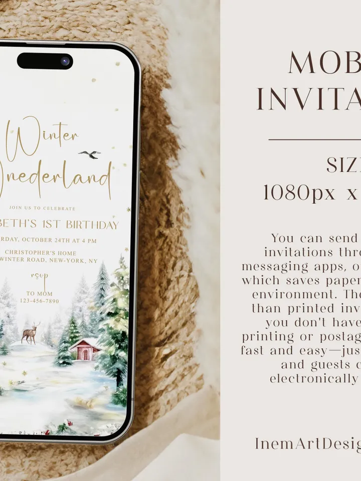 Winter Onederland 1st Birthday Invitation, Snow Woodland 1st Birthday Invite, Winter Onederland, Printable 1st Birthday Invitation - I128