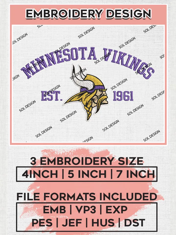 Minnesota Vikings Est 1961 Embroidery Designs, NFL Vikings, NFL Embroidery Designs, NFL Minnesota Vikings Machine Embroidery Design, Digital Download