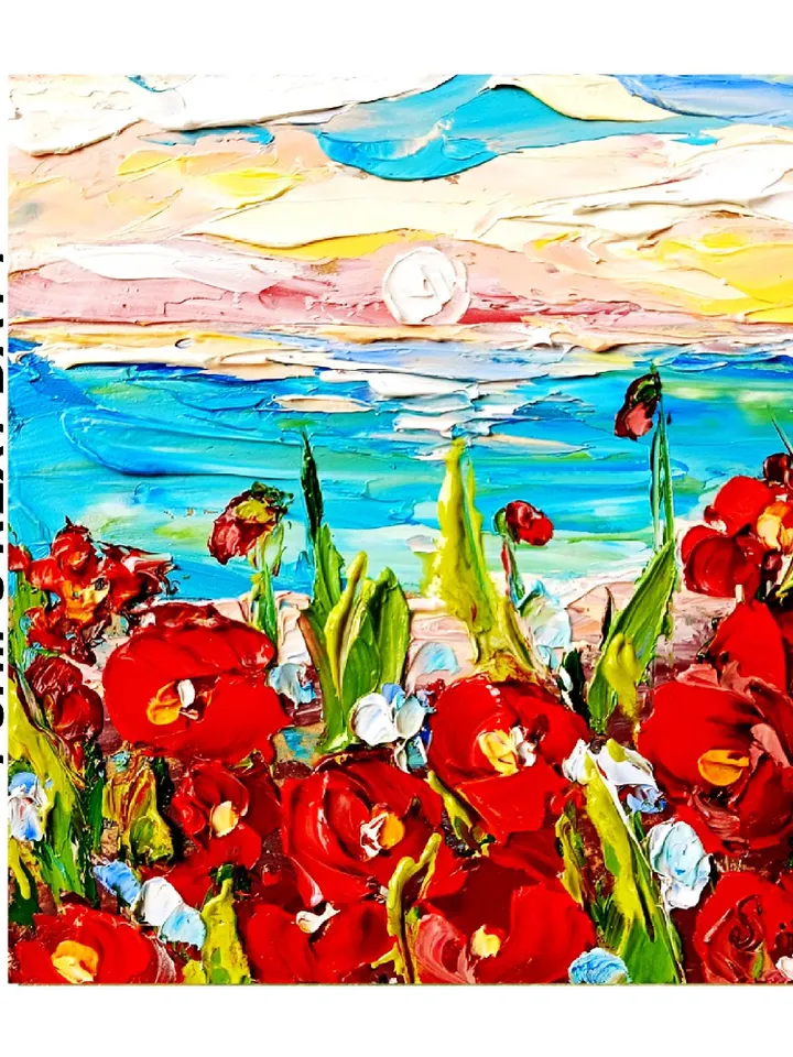 Point Reyes Painting Red Poppies Fields Impasto Art California Seascape Christmas Gifts Original Artwork Travel Gifts by ArtProkopaloSv