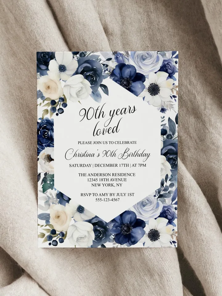 90th Birthday Invitations, Printable 90th Birthday Party Invitation, Navy Blush Floral 90th, 95th Birthday Invite - i133(2)