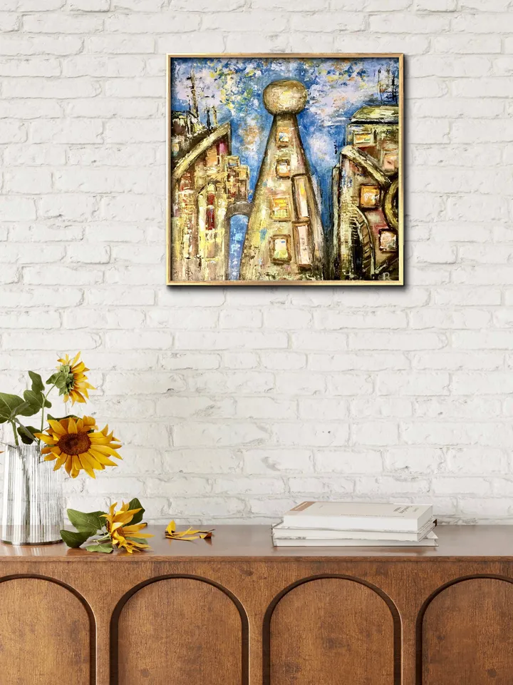 Sky town,original mix media painting on cardboard,collage and acrylic painting,fantasy cityscape,wall art.