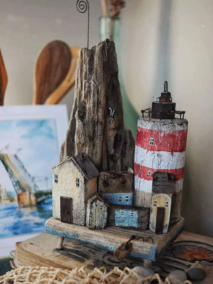 Driftwood art composition island photo holder handmade
