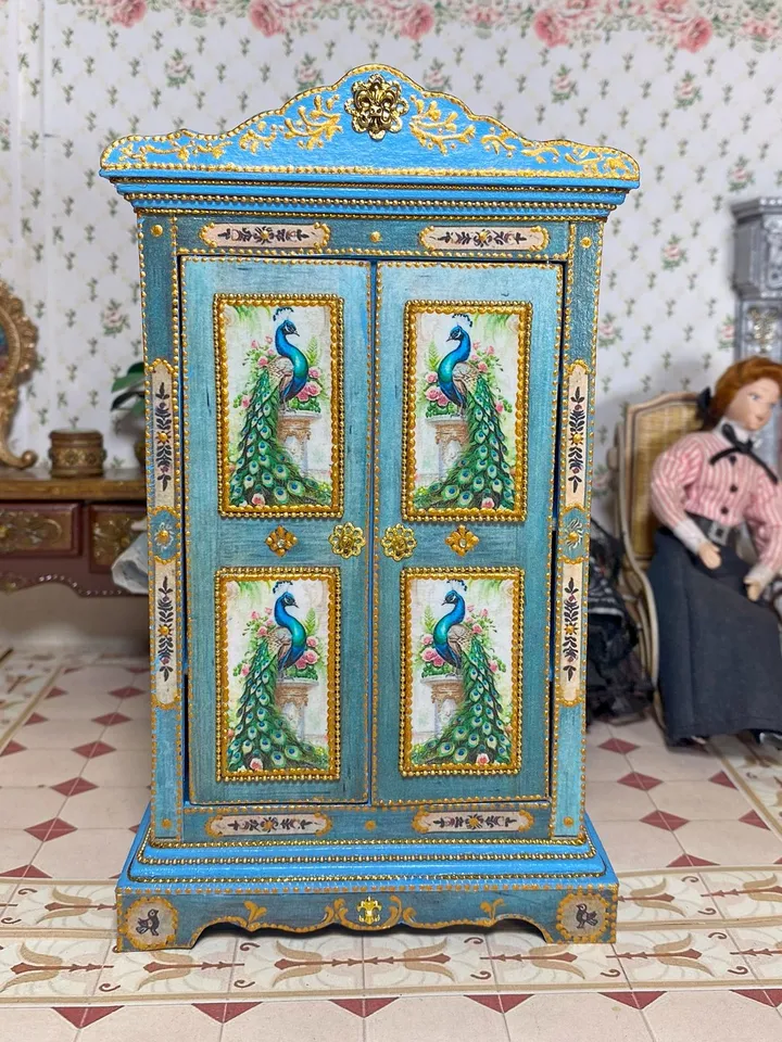 Wardrobe with peacocks. Dollhouse miniature. 1:12. Handmade wardrobe. Wardrobe for a doll.