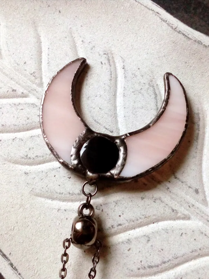 Stained glass moon, Mood stone crescent, Moon phase necklace, Stainglass crescent, Full moon