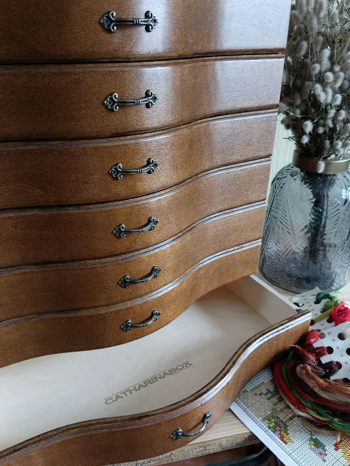 Floss storage cabinet for DMC floss bobbins and skeins, Stitching drawer box with curved faces in vintage style