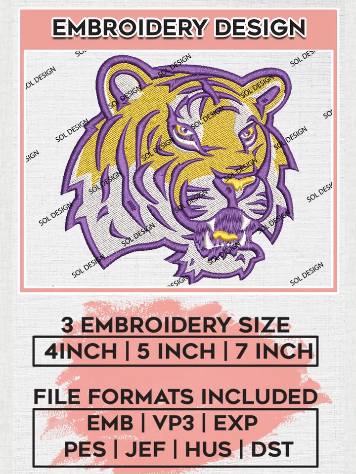 LSU Tigers Team Head Mascot Logo Embroidery Design Files, NCAA LSU Tigers Machine Embroidery, NCAA Teams, 3 sizes, NCAA Machine embroidery designs, Digital Download