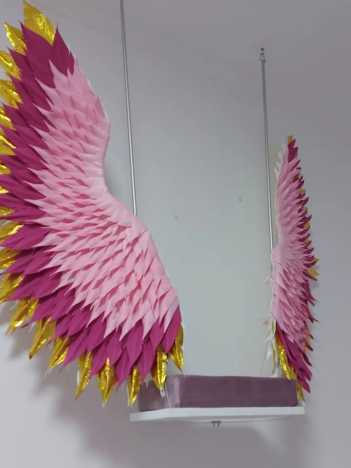 Handmade swing, hanging swing, Large angel wings, fuchsia and gold wings, winged swing,  Party Background nursery decor