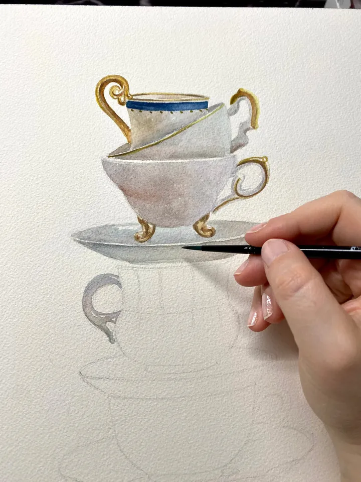 Tea Cups Original Watercolor Painting Kitchen Wall Art Tea Lover Gift Stack Of Cups Tea Cup Blue White Still Life Tea Lovers Watercolor Art
