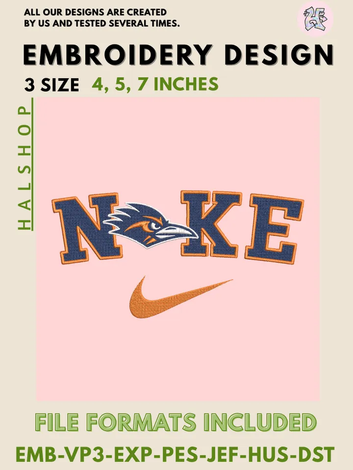 NCAA UTSA Roadrunners Nike Logo Embroidery File | Machine Embroidery Design | 3 Sizes, 6 Formats | NCAA Teams