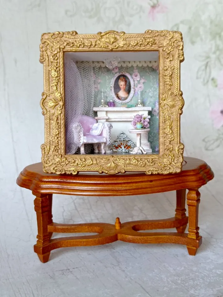 Miniature living room with white fireplace, miniature 1/48 scale dollhouse with furniture