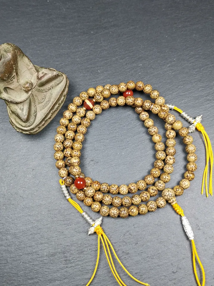 Gandhanra Old Tibetan Rosary, 7.5mm 108 Lotus Seed Mala Necklace, Antique Prayer Beads for Meditation,38cm Length