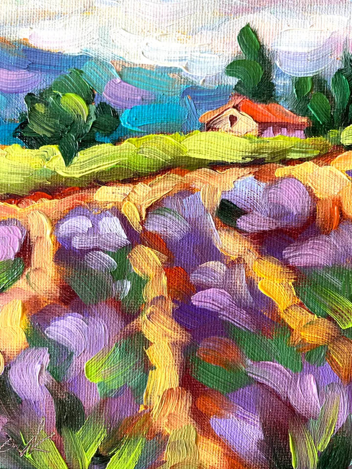 Lavender Fields Painting Tuscany Original Art Landscape Oil Painting Impasto Small Artwork 6x6 Tuscan Serenity Painting Wild Flowers