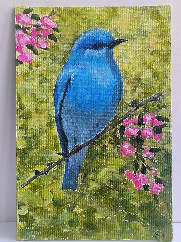 Bird painting, Blue sialia painting, Acrylic painting, Bird, Brightly colored bird