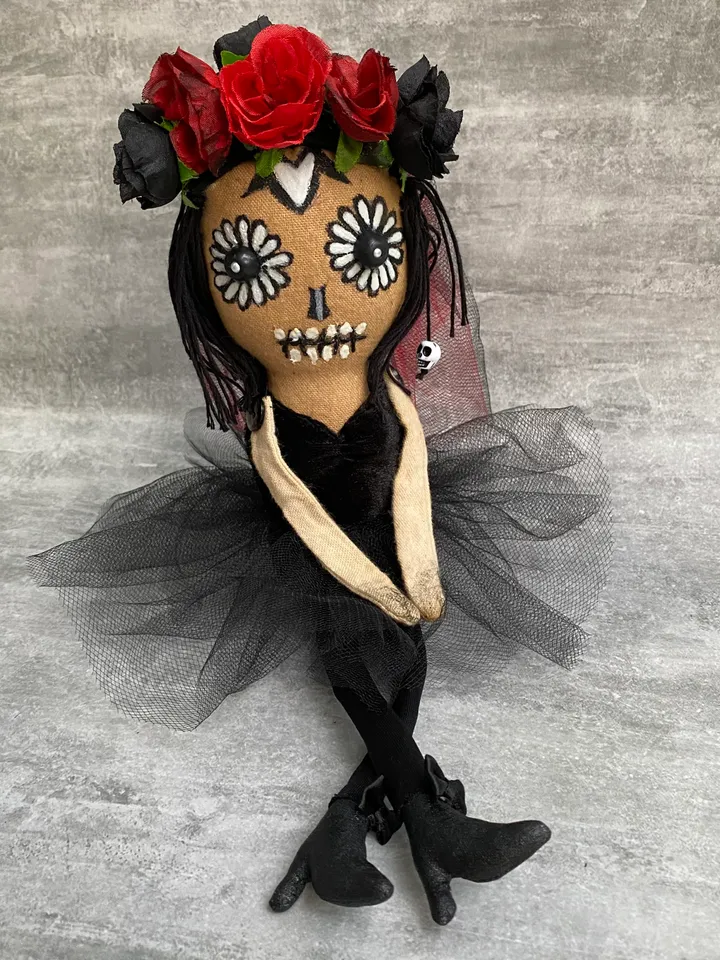 Halloween doll . Sugar skull doll . Handmade Rag doll .