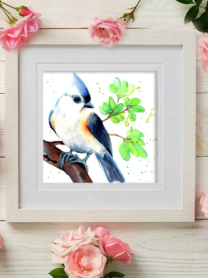 Titmouse original watercolor, birds painting, handmade wall decor, 5.7x5.7 in art for bird lovers by Anne Gorywine