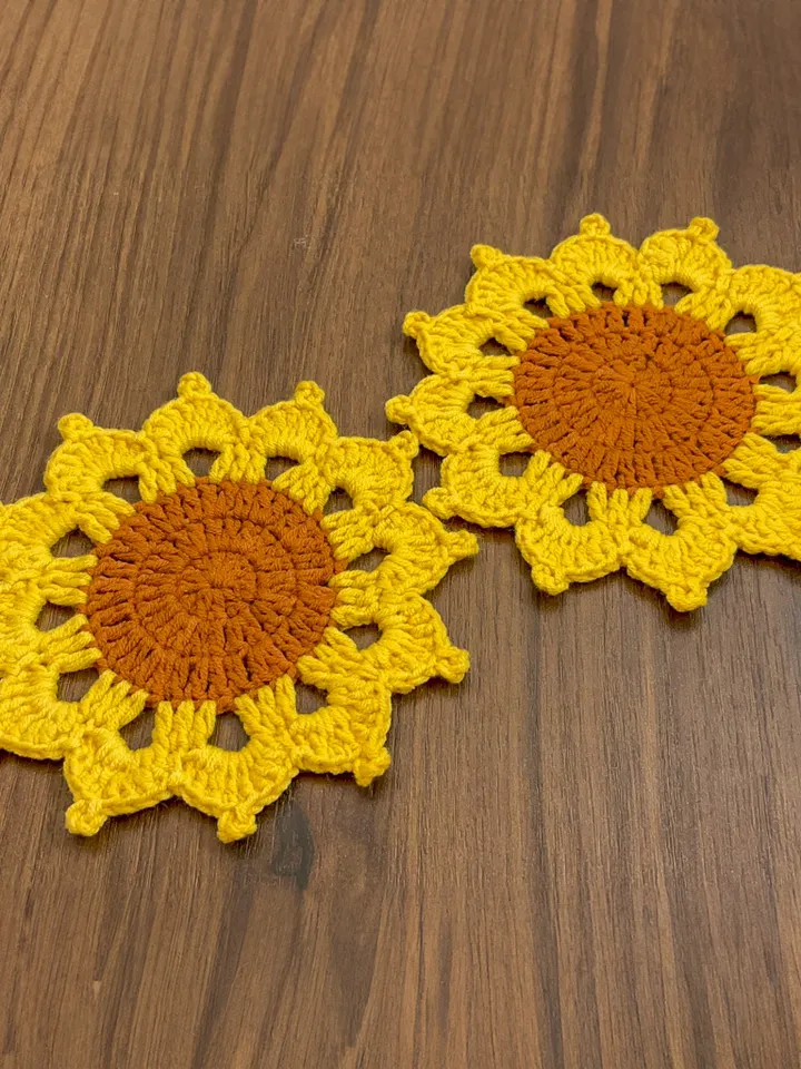 Cute Sunflower Crochet Coasters - Handmade Doily Coaster Set for Coffee and Tea - Fall Themed Sunflower Crochet Coaster Gift