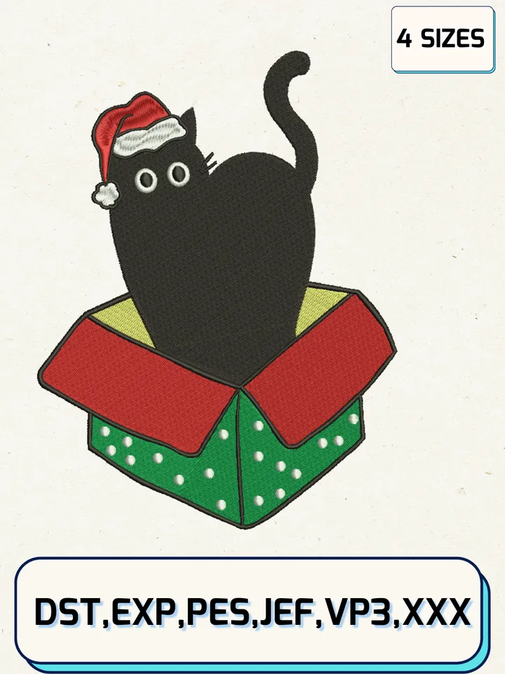 Black Cat Christmas Embroidery Designs,Christmas Embroidery Designs,Machine Embroidery Files,4 Sizes