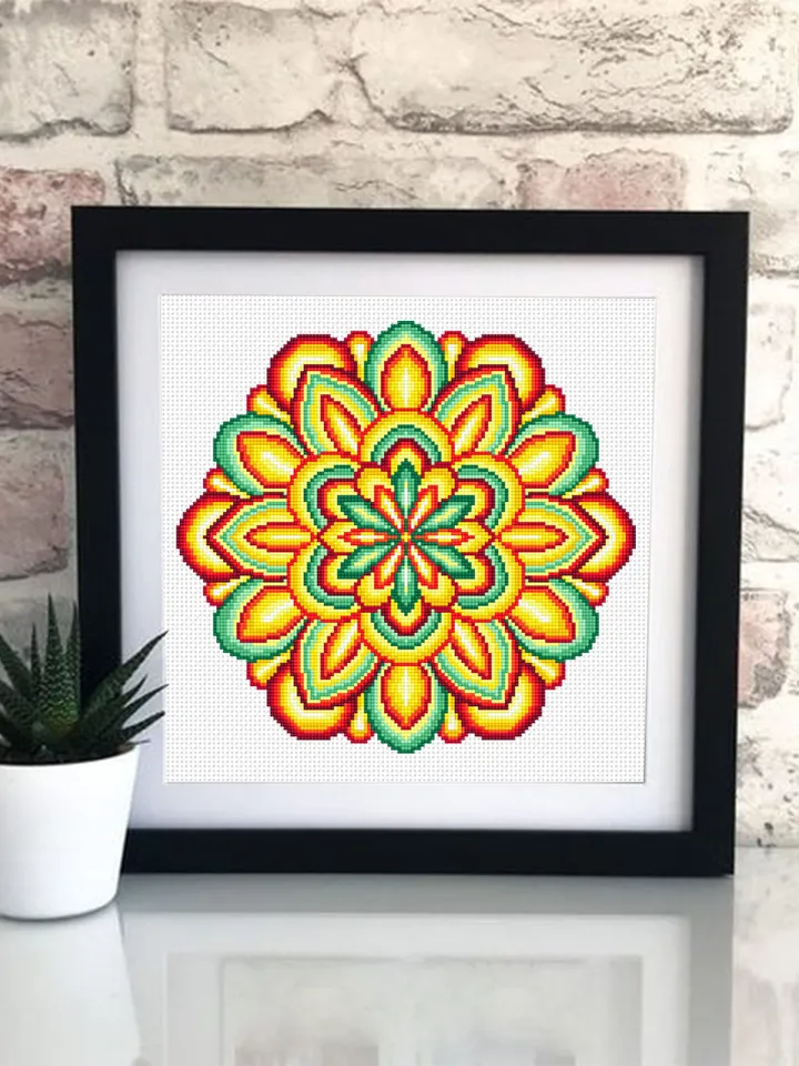Colorful Mandala cross stitch pattern download PDF, Easy mandala ornament embroidery PDF, Floral ornament cross stitch, DIY Home decor #M69