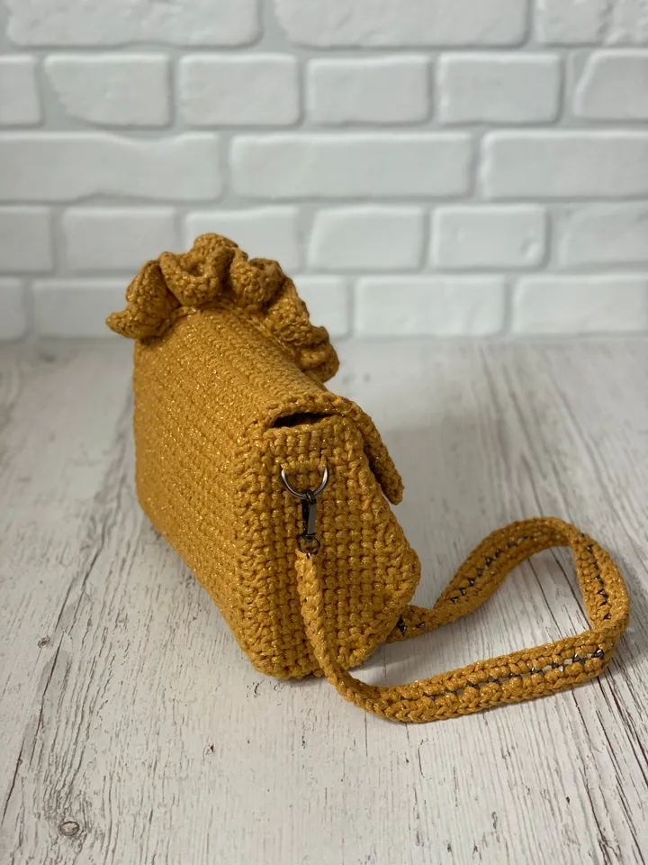Mustard crossbody with ruffles, crochet bag, handmade luxury handbag, clutch, shoulder bag, accessories for gift, cotton cord