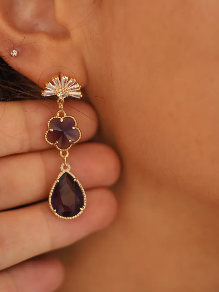 Art Deco Gold Purple Fan Wedding Earrings, Floral Boho Bridal Earrings, Flower Gatsby Wedding Earrings, Vintage Statement Wedding Jewelry