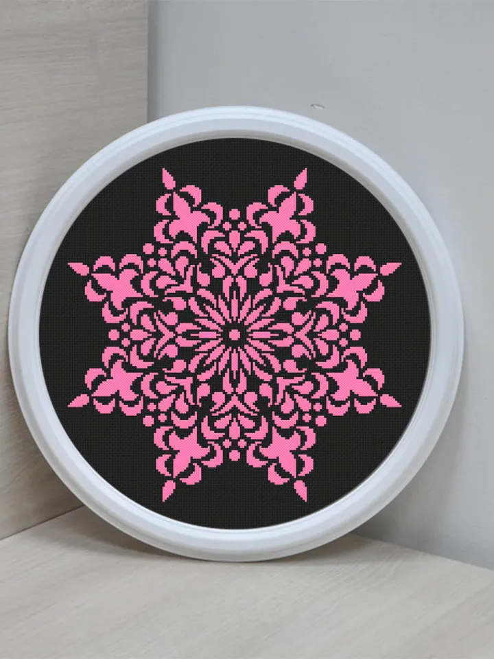 Mandala cross stitch pattern download PDF, Monochrome mandala ornament cross stitch chart, Snowflake ornament embroidery, Home decor #M131